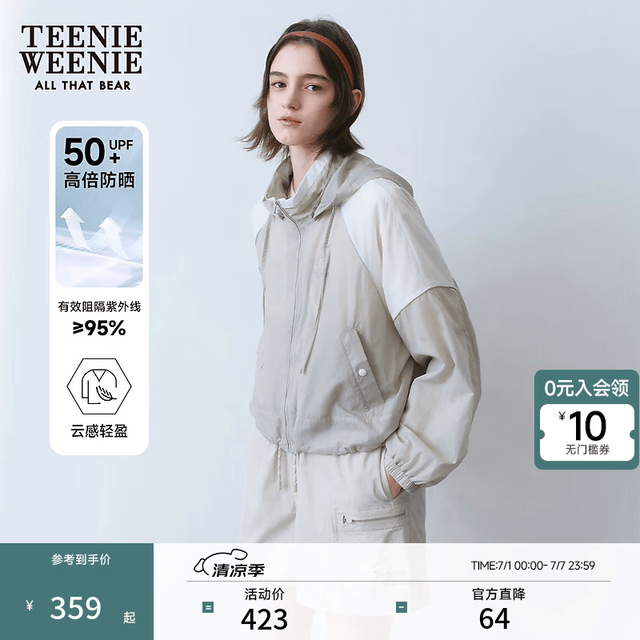 TEENIE WEENIE 小熊防晒衣女2024年夏季短款防紫外线连帽外套女 浅灰色 160/S