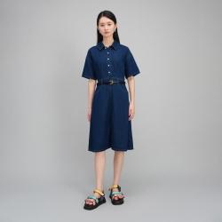 播 莱赛尔混纺翻领收腰连衣裙