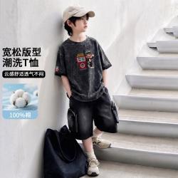大嘴猴 潮牌做旧潮洗纯色T恤男女童同款宽松百搭圆领短袖