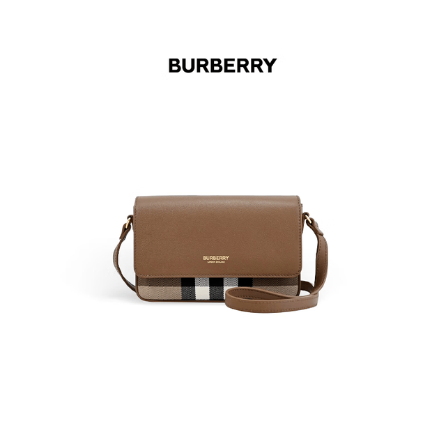 BURBERRY 巴宝莉女士棕色皮革字母徽标拼色单肩斜跨包81072701/80845001