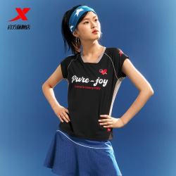 特步 速干t恤女2026夏季羽毛球服休闲女装训练短袖运动上衣 正黑色 M /165