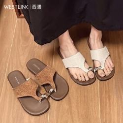西遇 女款复古软底套趾夹脚人字拖