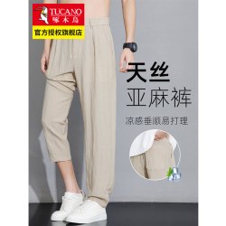 啄木鸟 天丝含亚麻西裤男士夏季薄款直筒冰丝裤子宽松西装裤 卡其色