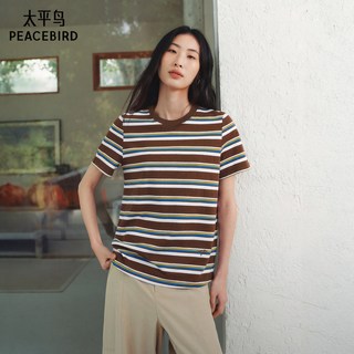 太平鸟 复古撞色条纹 正肩圆领 女士T恤