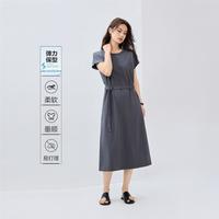 佐丹奴 连衣裙夏季简约纯色T恤腰带收圆领连袖针织短袖连衣裙女款