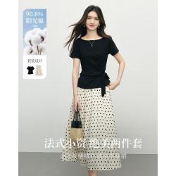 熙世界sllsky 熙世界 法式两件套26夏扭结系带小蛮腰瘦瘦t+波点半身裙