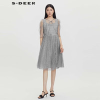 S.DEER 女装网纱收腰泡泡袖披肩两件连衣裙S232Z1263 蓝灰/04