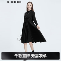 S.DEER sdeer圣迪奥冬季女装保暖舒适休闲A字套头方领通勤翻领收腰拼接衬衫连衣裙S20481219 黑色/