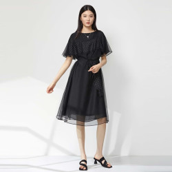S.DEER 女装夏季时尚圆领格纹收腰网纱短袖连衣裙S23281212 黑色/