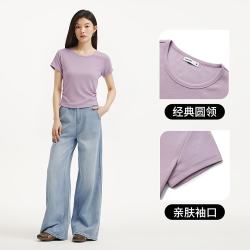热风 女士褶皱收腰短袖T恤2026年夏季新款基础圆领修身显瘦高弹力t恤女