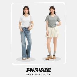热风 女士褶皱收腰V领显瘦短袖T恤女2026年夏季新款弹力正肩t恤短上衣