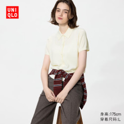 优衣库 女士精纺美利奴羊毛混纺POLO领针织开衫 485307