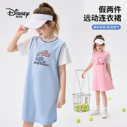 迪士尼 女童假两件短袖连衣裙 蓝色 150cm