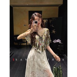 三吉黑花 蜜棠 女士全人丝印花拼接腰果花蕾丝短上衣