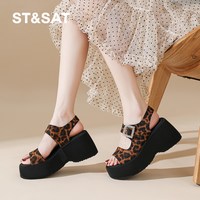星期六 ST&SAT 复古豹纹凉鞋女2026新款夏季小个子增高鞋防水台露趾松糕鞋