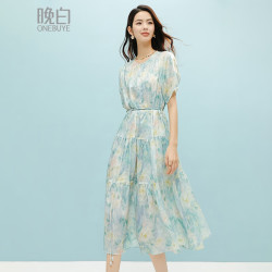 晚白 法式设计感印花收腰短袖连衣裙2026夏薄款田园风气质裙子绝美裙子 花色