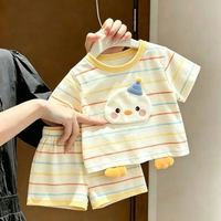 莺意美 男女童短袖套装夏季新款中小童立体卡通玩偶条纹休闲短裤两件套潮