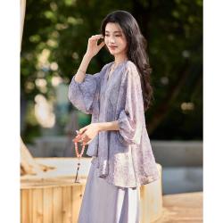 on&on 女士新中式肌理感扎染衬衫 不规则下摆宽松V领上衣