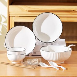 传旗 陶瓷餐具 12头 简约碗盘套装微波炉可用 黑线竖纹适用2-4人