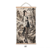 仕女图唐伯虎仿古真迹挂画卷轴搞笑恶搞兄弟朋友生日礼物装饰画 恶搞美女 05 30-60cm【实木挂画+配送挂钩