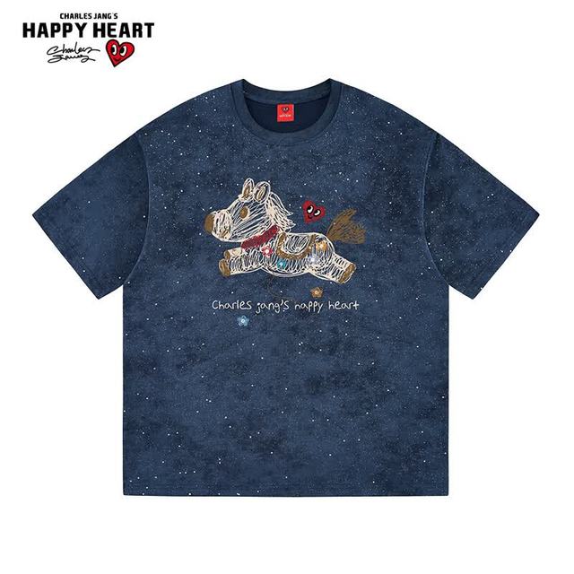 CHARLES JANG'S HAPPY HEART 扎染满天星小马印花 藏青色 XL 男士T恤