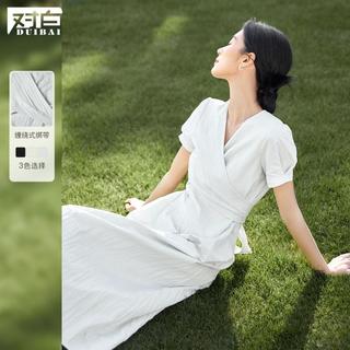 对白 V领肌理感绑带设计短袖连衣裙