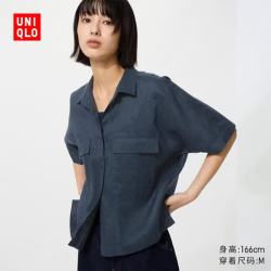 优衣库 法国麻半开领箱型衬衫/短袖女装衬衣484256 69 藏青色 XS