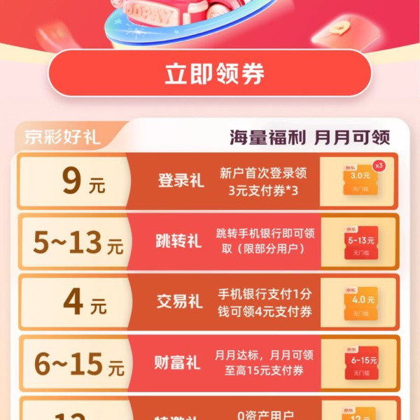 京东×建行 好礼大派送 领9-54元支付券包；满17-12元外卖券；85折京东快递券等