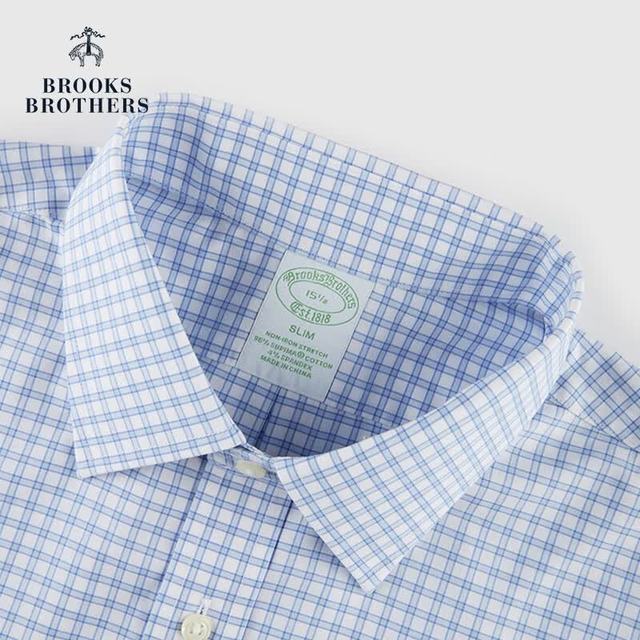 Brooks Brothers 男士棉质府绸宽距格纹短袖正装衬衫 4000