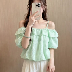 法式荷叶边一字肩吊带衬衫女夏季宽松遮肚子蓬蓬泡泡短袖花苞上衣