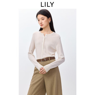LILY 2026春新款女装含羊毛休闲通勤百搭浅色薄款圆领针织开衫外套 604米白