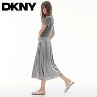 DKNY 抽褶拼接收腰圆领短袖连衣裙