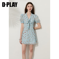 D·PLAY 蓝色印花V领木耳边泡泡袖收腰A字连衣裙