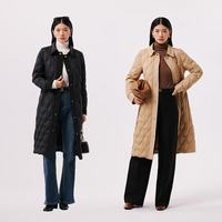 千仞岗 秋冬长款秋羽绒服女收腰显瘦菱形格纹衬衫翻领腰带设计