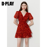 D·PLAY 法式茶歇裙 红色碎花 短袖连衣裙