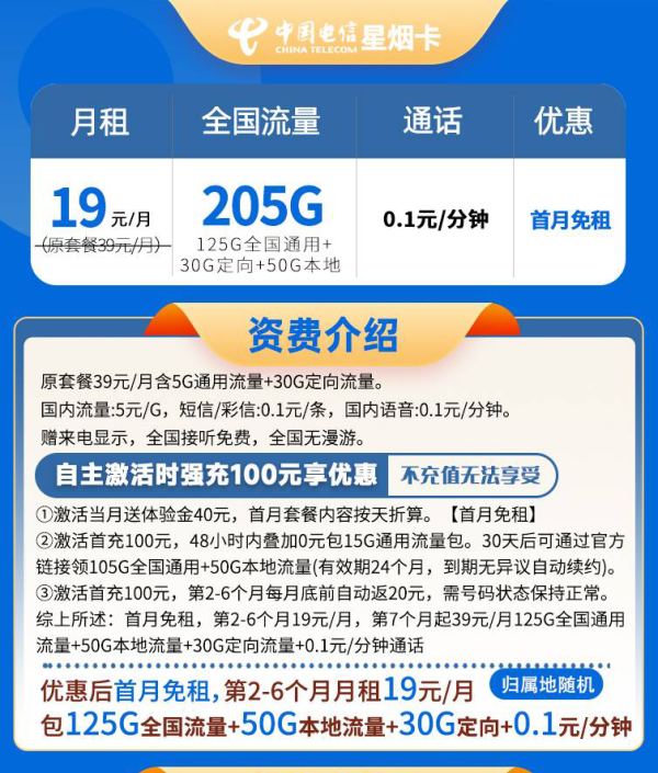 中国电信 山东省卡19元205G全国流量不限速