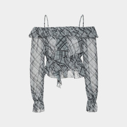 MOUSSY 早春新品甜美荷叶边露肩格子长袖衬衫女028IAA30-1006