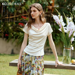 OLRAIN 女士法式慵懒荡领短袖T恤 服饰鞋包