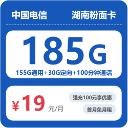 中国电信 湖南省19元185G全国流量不限速100分钟