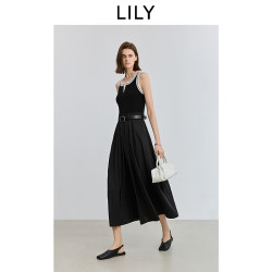 LILY 2025夏新款经典黑白撞色针梭拼接收腰小黑裙吊带裙连衣裙女 510黑