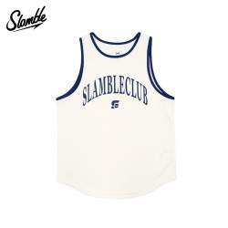 SLAMBLE 美式运动篮球训练健身速干无袖上衣透气宽松速干衣 米白拼深蓝 M