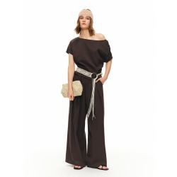 独束 女装褶皱小衫阔腿裤时尚套装夏季轻薄斜肩两件套 茶棕色（上衣） M （尺码：1）