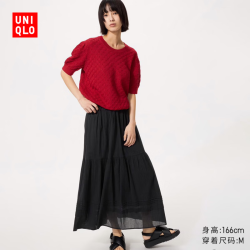 优衣库 层叠长裙/加长款女装/半身裙裙子482286 09 黑色