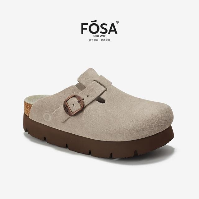FOSA 秋季新上女款时尚软木勃肯鞋厚底半拖牛皮真皮复古休闲包头鞋