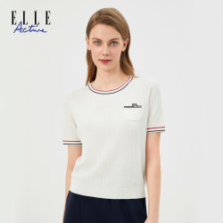 ELLE Active 女士针织衫 螺纹绞花圆领短袖T恤