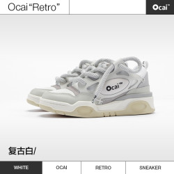 Ocai 国潮牌 情侣休闲滑板鞋 复古白面包鞋
