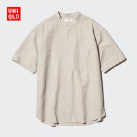 优衣库 男装女装棉麻条纹立领衬衫/短袖衬衣开衫休闲25474529 31 米色 M /170/92A