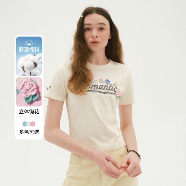 TEENIE WEENIE 小熊手工钩花圆领短袖T恤马卡龙短款上衣女
