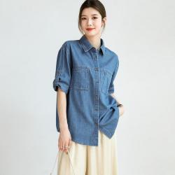 茵曼 女士全棉舒适短袖牛仔衬衫