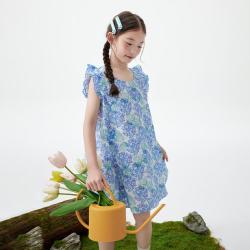 茵曼 女童夏季薄款复古休闲连衣裙儿童洋气百搭碎花裙女孩花边袖口裙子